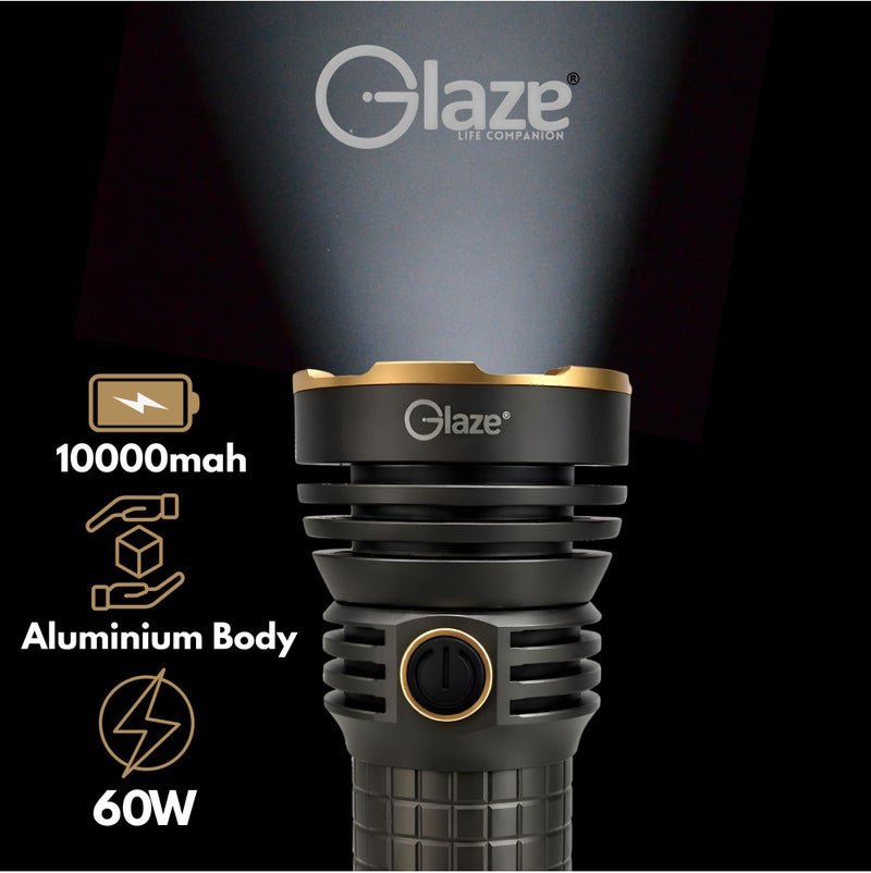 جليز مصباح يدوي LED قابل لإعادة الشحن، 4000 لومن، بطارية 10000 مللي أمبير، شحن سريع من النوع C، وظيفة بنك الطاقة، 8 أوضاع إضاءة، مدى 2000 متر، هيكل من الألومنيوم، ضمان لمدة عامين - Image 3